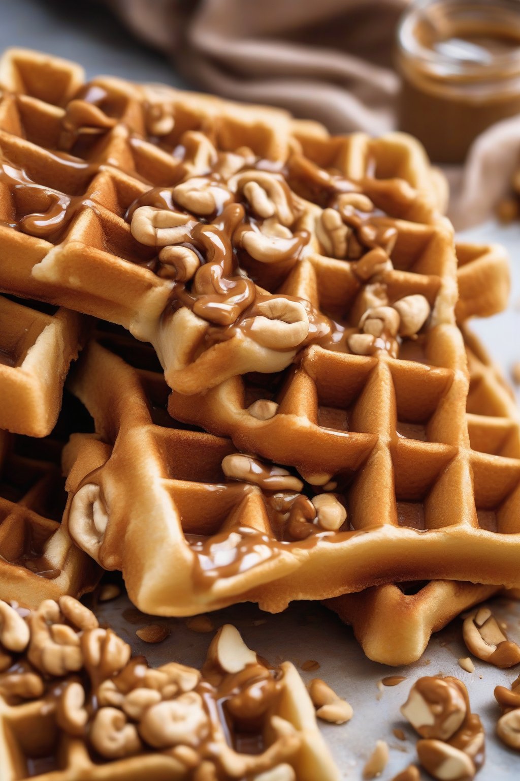 A close-up photo of peanut butter golden waffles with gooey swirls, chopped peanuts garnish, under soft lighting.