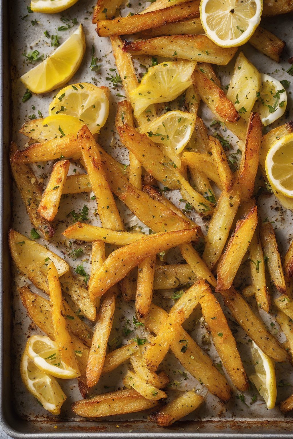 A high-resolution photo of zesty lemon pepper oven fries with bright yellow zest under soft lighting.