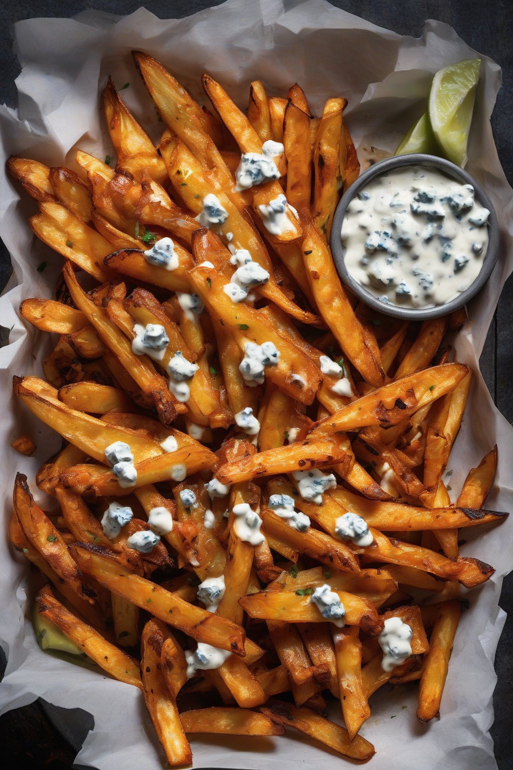 A high-resolution photo of saucy buffalo oven fries with blue cheese dollops under soft lighting.