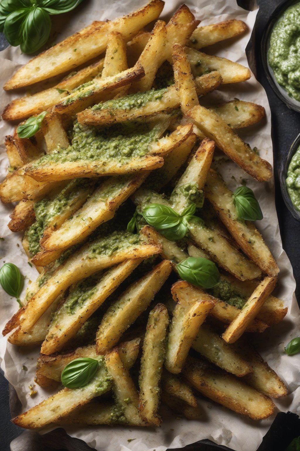 A high-resolution photo of green pesto-coated Parmesan oven fries under soft lighting.
