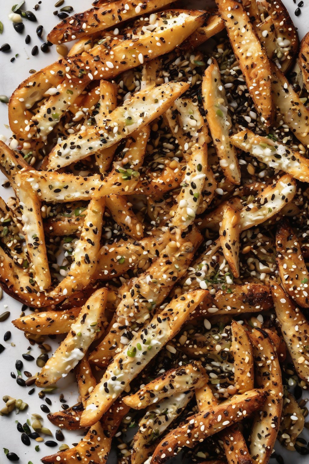 A high-resolution photo of everything bagel oven fries loaded with seeds under soft lighting.