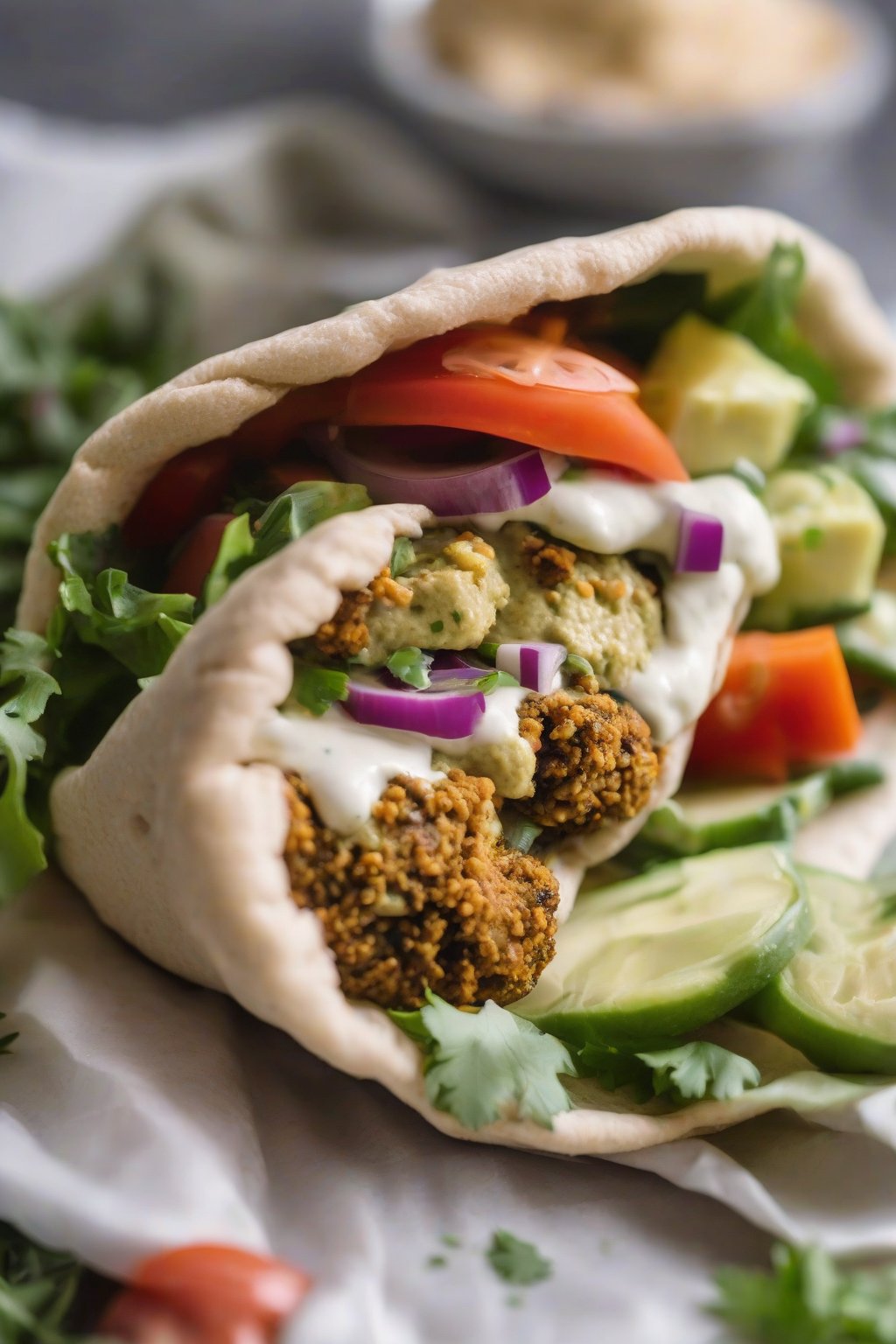 A close-up photo of a stuffed falafel pita pocket oozing tahini, topped with fresh veggies under soft lighting.