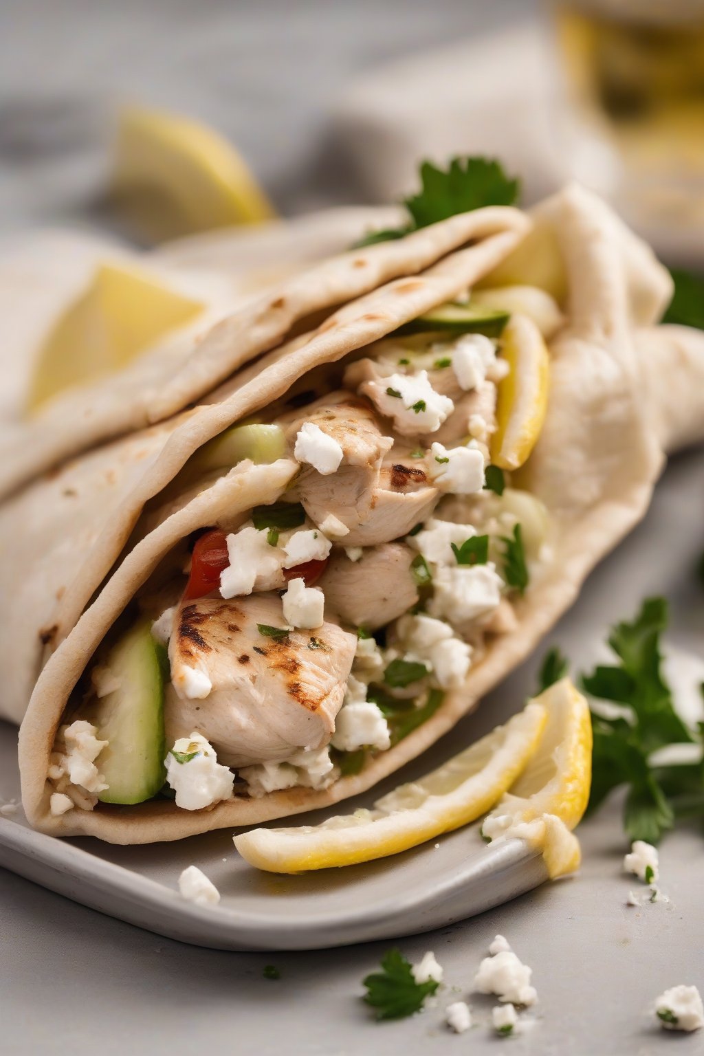 A close-up photo of a juicy Greek chicken souvlaki pita pocket with feta crumbles and lemon wedges under soft lighting.