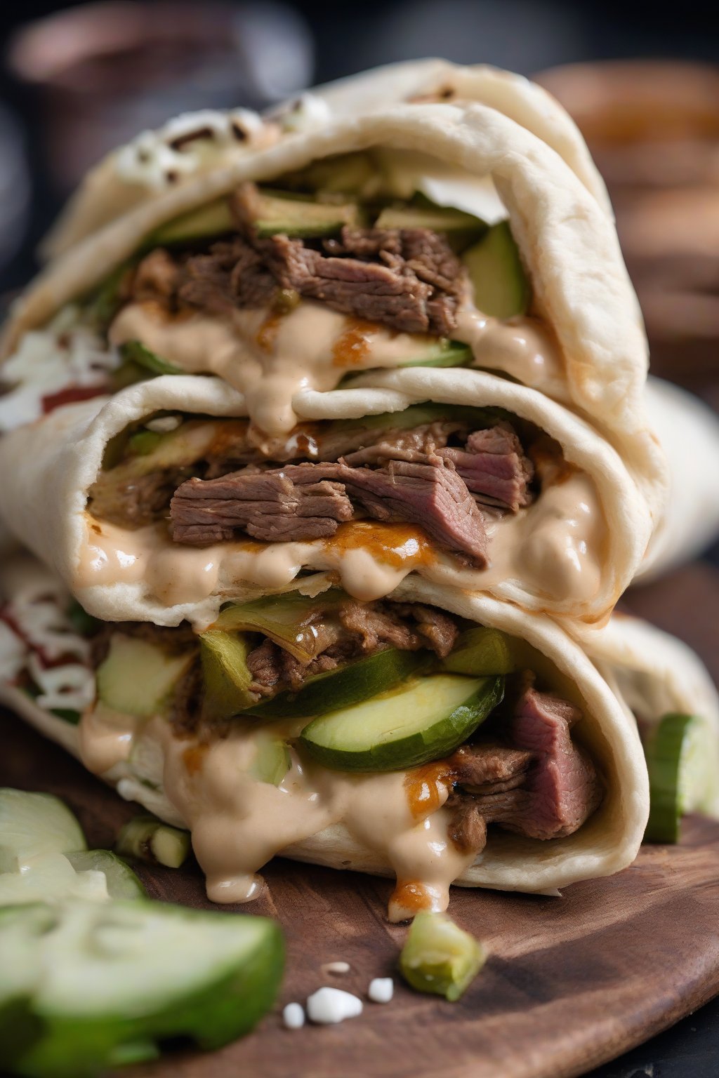 A close-up photo of a spiced beef shawarma pita pocket with dripping tahini and pickles under soft lighting.