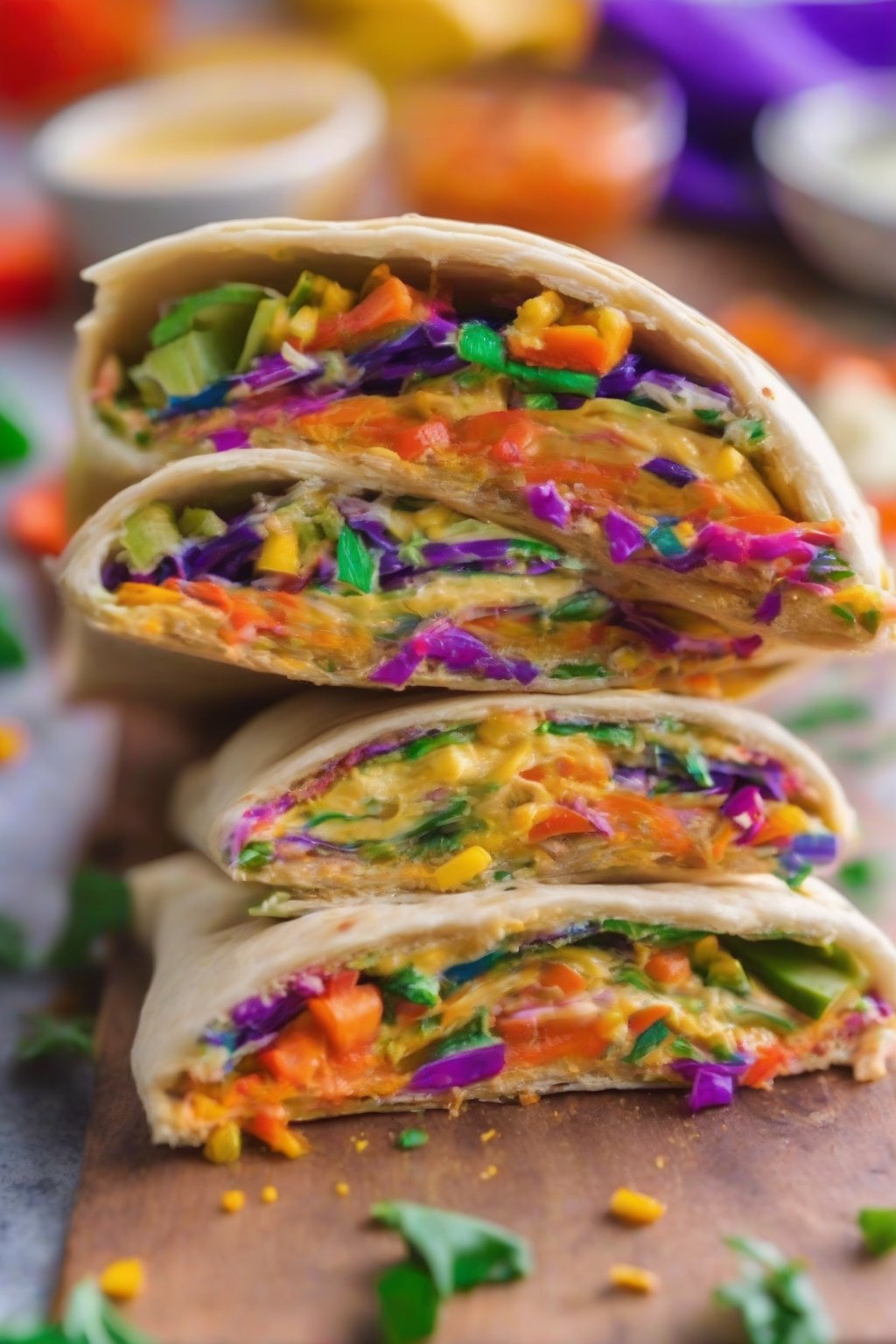 A close-up photo of a vibrant hummus veggie rainbow pita pocket bursting with colors under soft lighting.