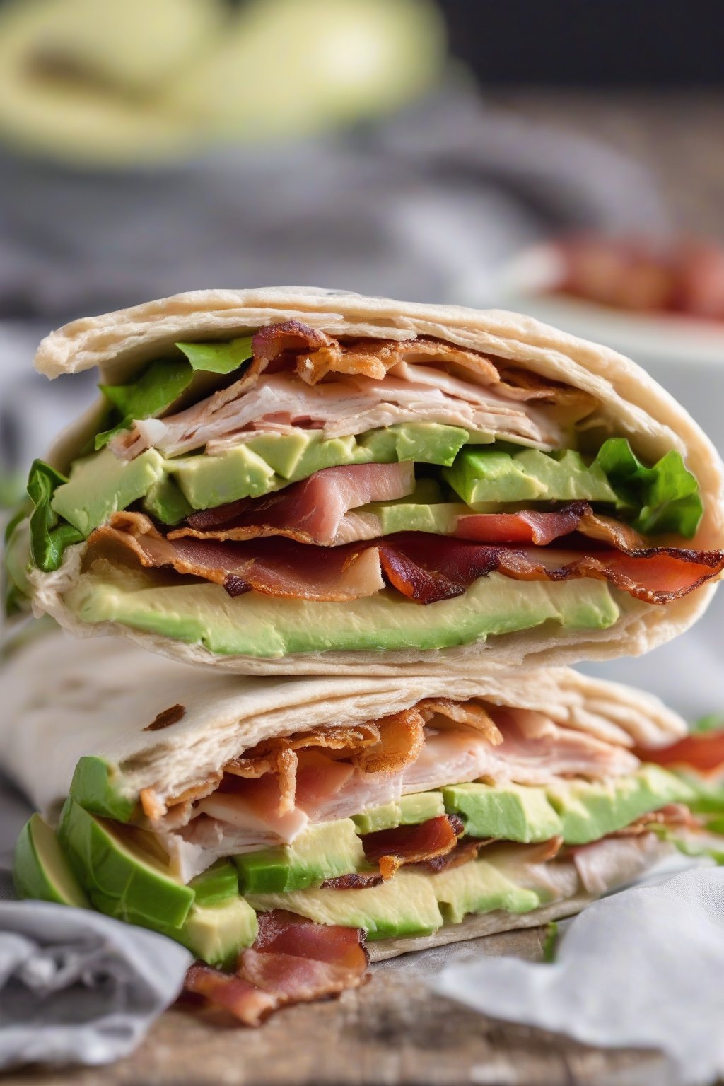A close-up photo of a turkey avocado BLT pita pocket with crispy bacon edges under soft lighting.