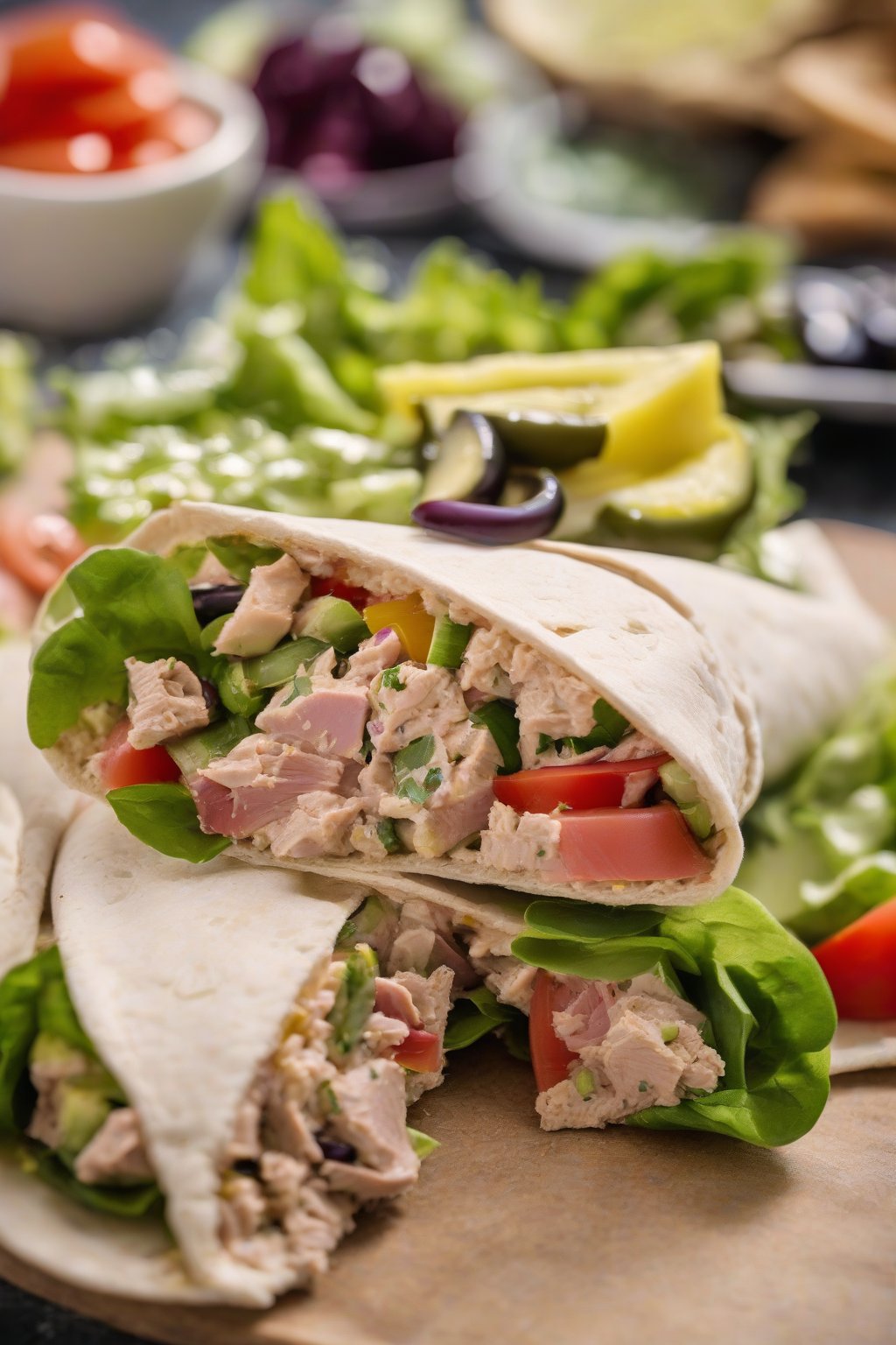 A close-up photo of a fresh tuna salad Mediterranean pita pocket with olive slices under soft lighting.