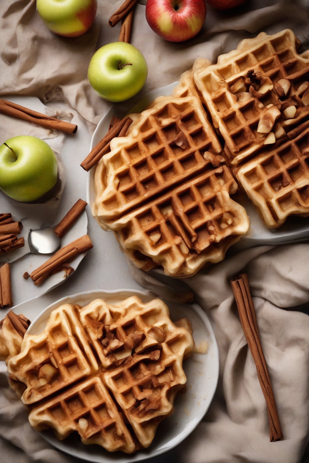A high-resolution photo of apple cinnamon golden waffles with apple chunks visible, cinnamon stick side, under soft lighting.