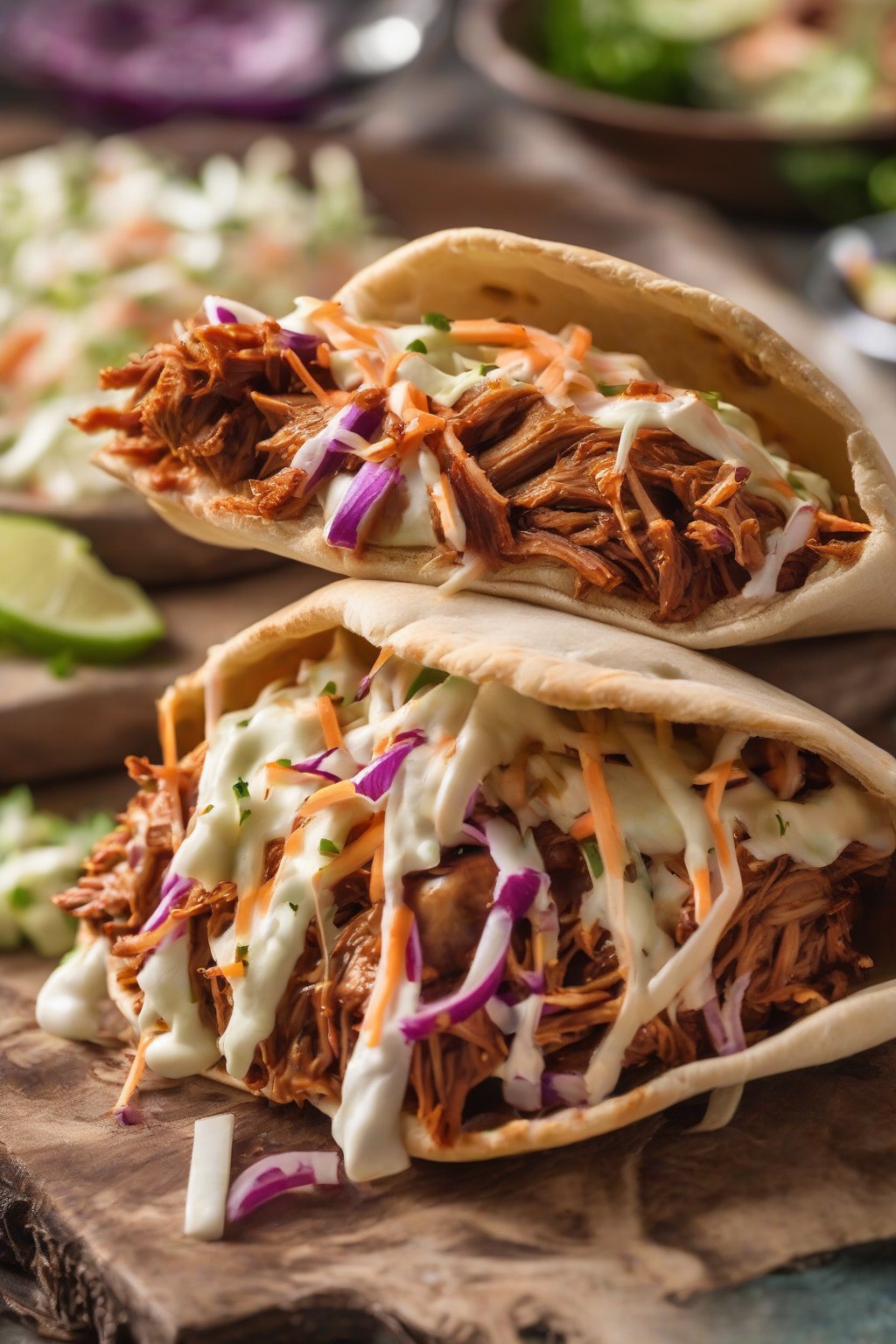 A close-up photo of a saucy BBQ pulled pork pita pocket topped with coleslaw under soft lighting.