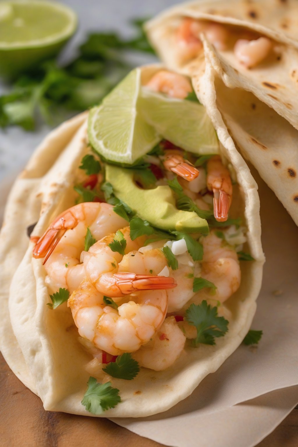 A close-up photo of a spicy shrimp taco-style pita pocket with lime squeeze under soft lighting.