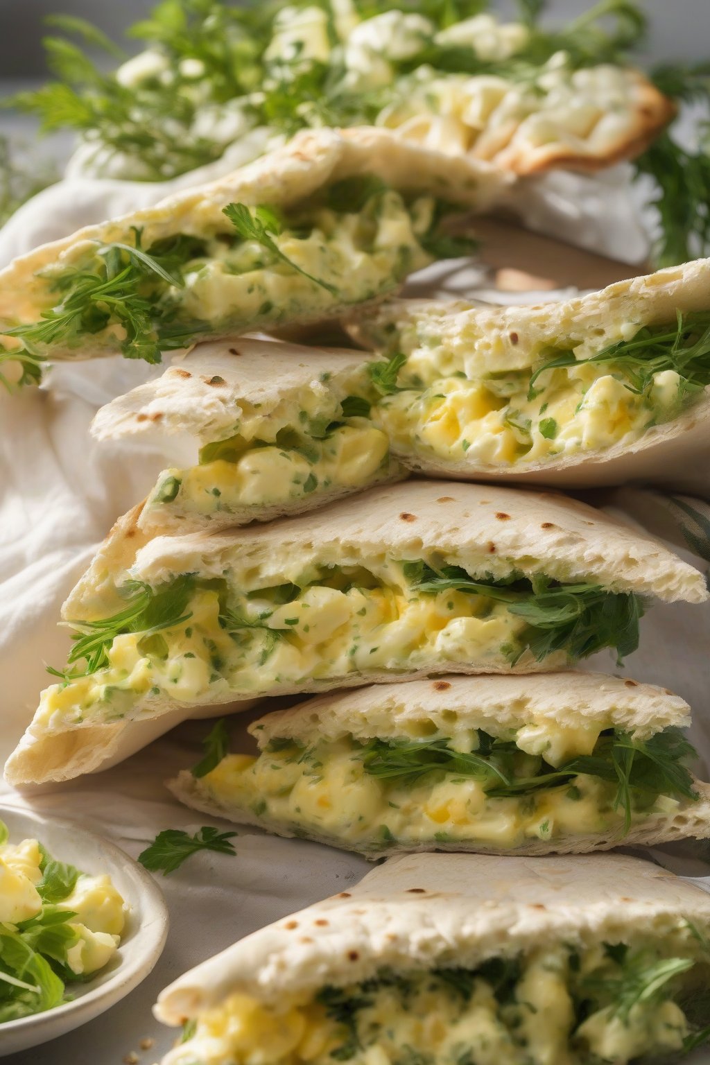 A close-up photo of an egg salad herb garden pita pocket with green flecks under soft lighting.