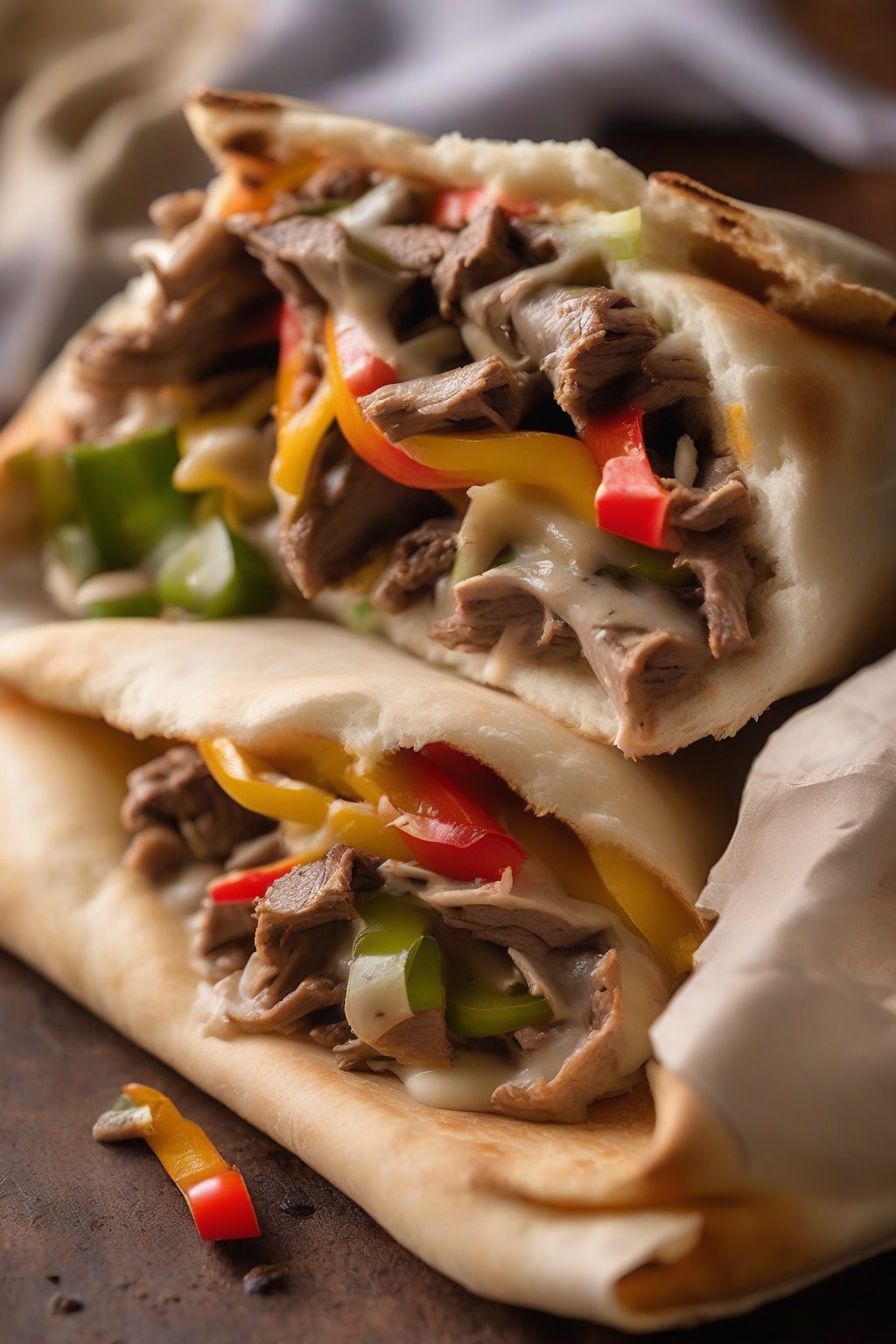 A close-up photo of a melty Philly cheesesteak pita pocket with peppers under soft lighting.