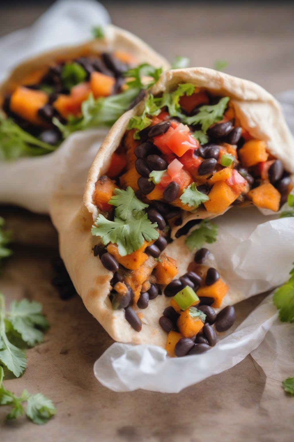 A close-up photo of a sweet potato black bean pita pocket with salsa dollop under soft lighting.