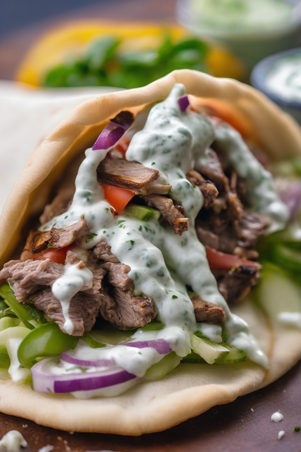 A close-up photo of a lamb gyro pita pocket dripping tzatziki under soft lighting.