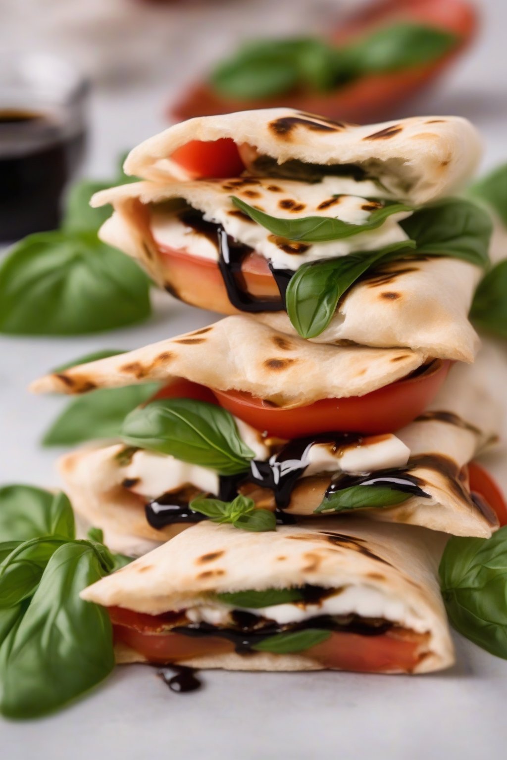 A close-up photo of a Caprese pita pocket with basil leaves and balsamic glaze under soft lighting.