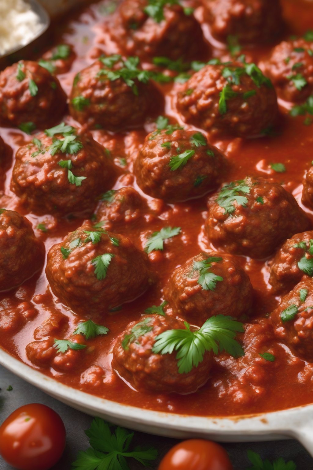 A high-resolution photo of golden-brown classic Italian meatballs simmering in rich tomato sauce, garnished with fresh parsley, under soft lighting.