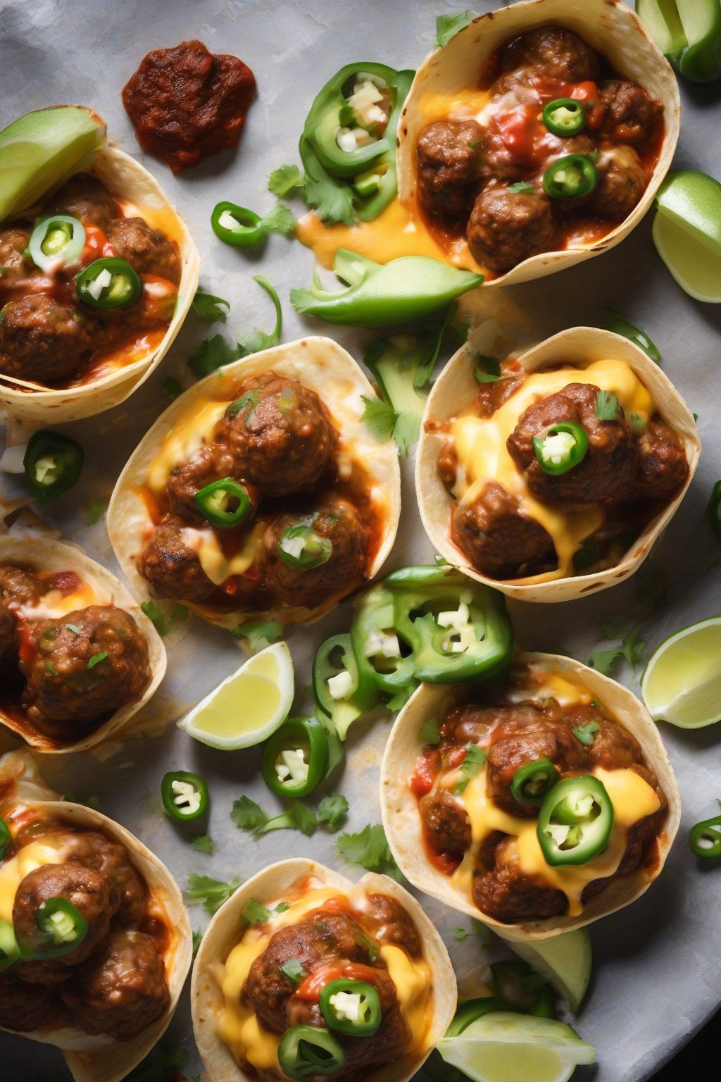 A high-resolution photo of spicy Mexican meatballs topped with melted cheese and jalapeños in a tortilla bowl, under soft lighting.