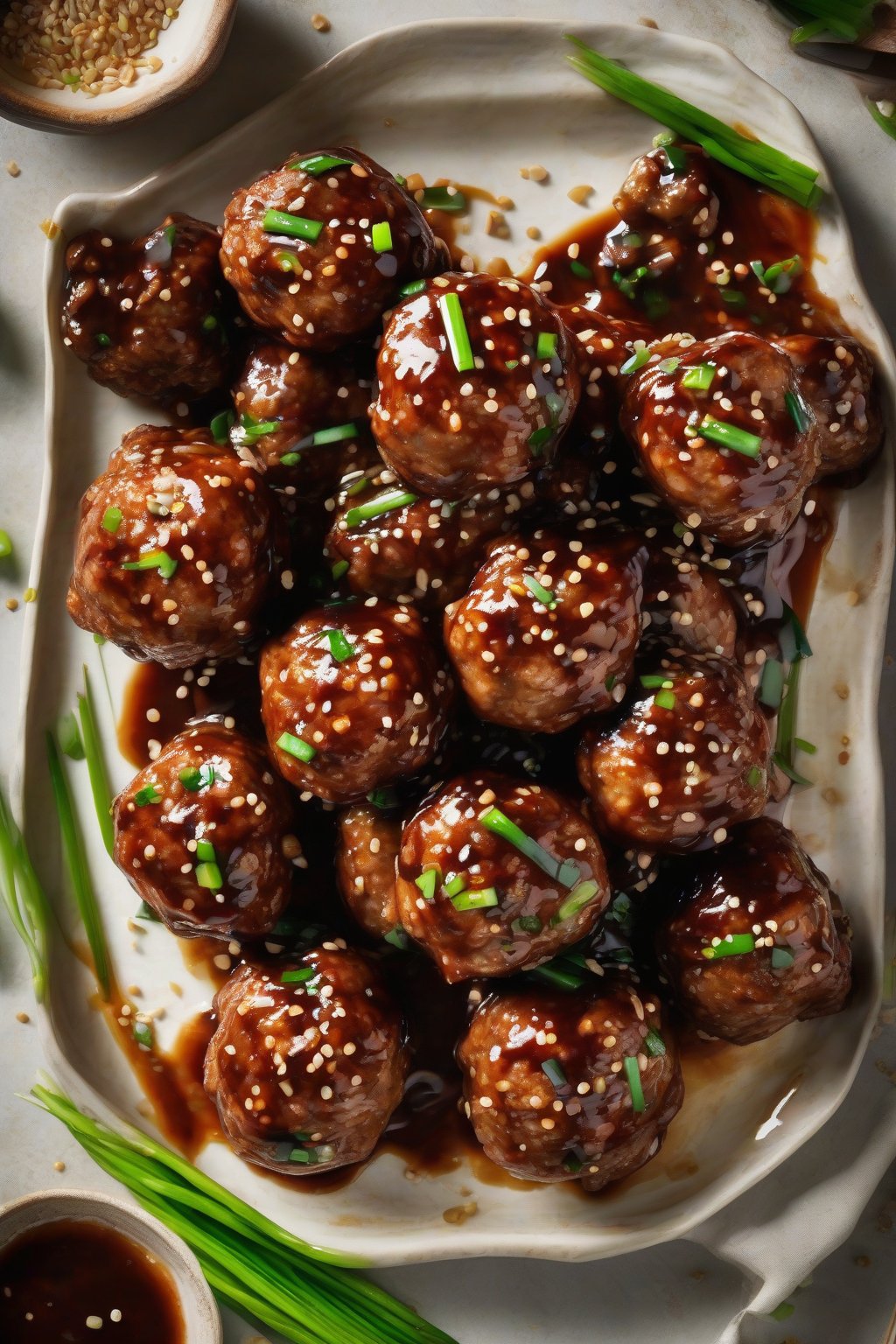 A high-resolution photo of glossy teriyaki-glazed pork meatballs scattered with sesame seeds and scallions, under soft lighting.