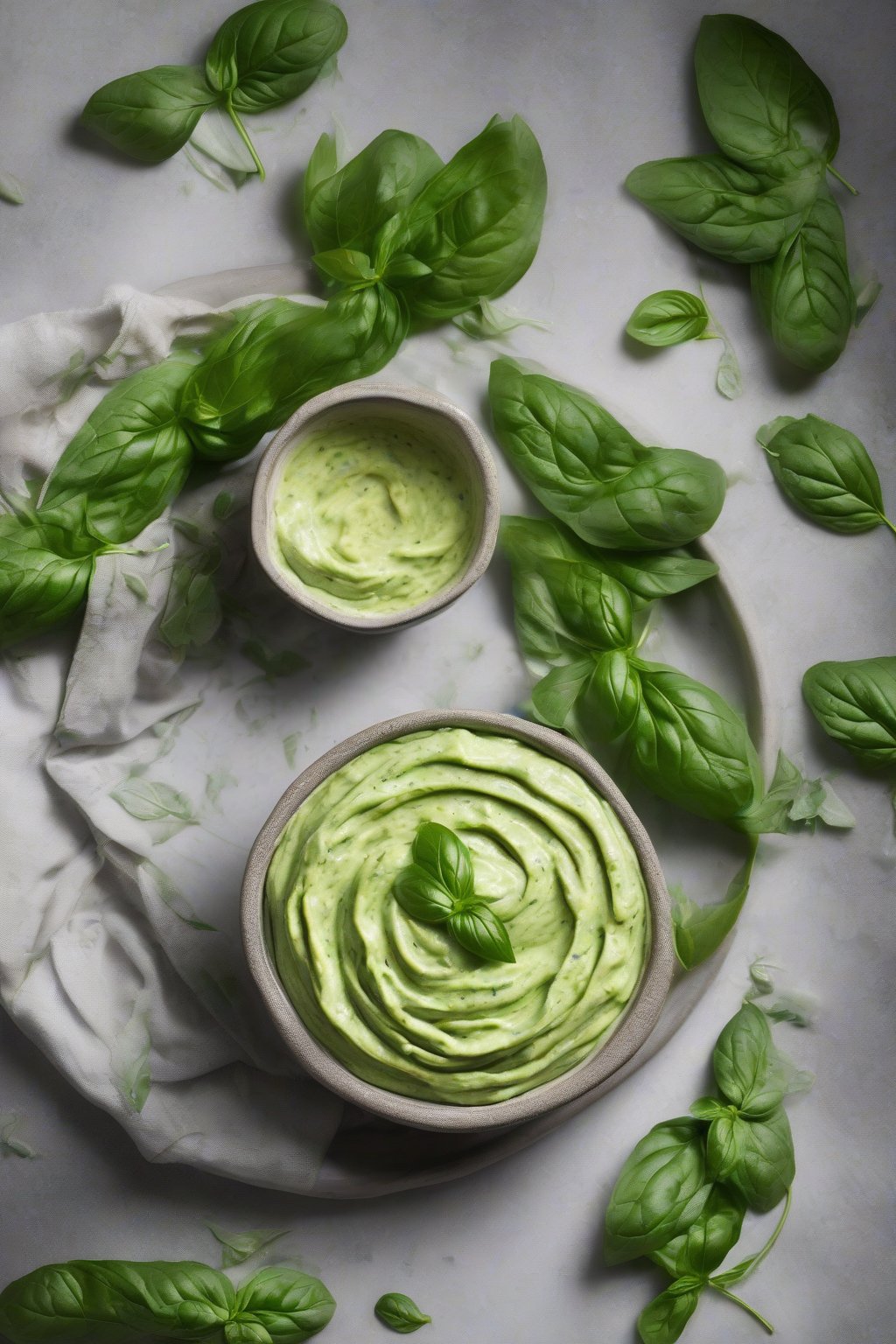 A high-resolution photo of herby basil avocado dip swirled with green basil flecks, garnished with basil leaves, under soft lighting.