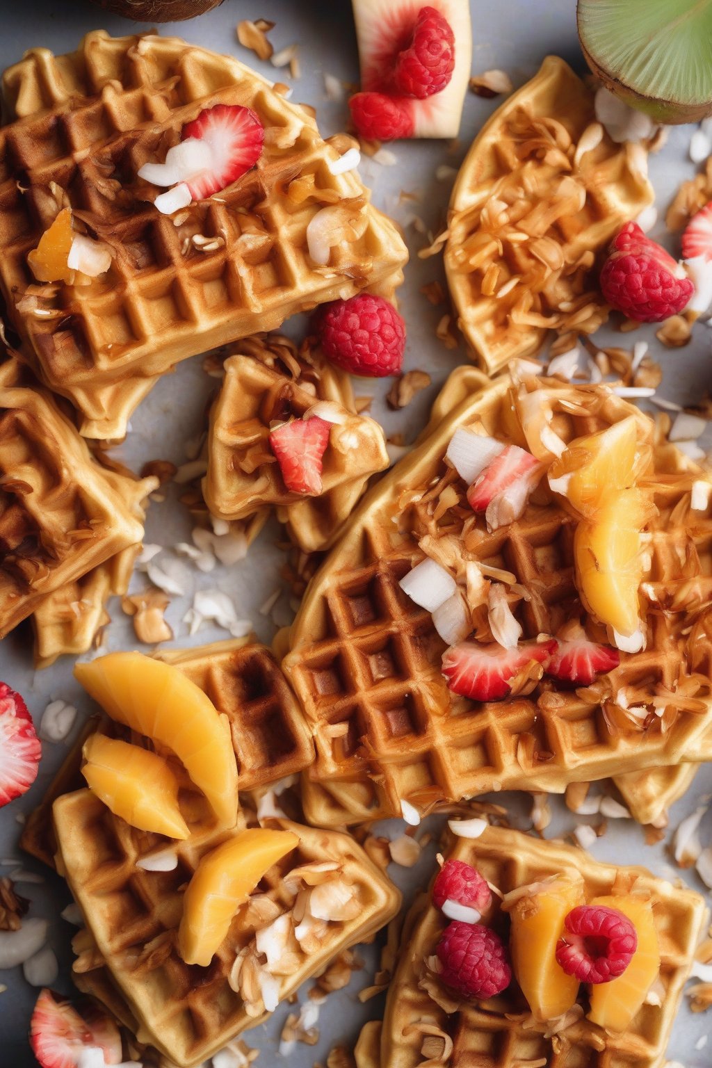 A close-up photo of vegan coconut golden waffles flaked with toasted coconut, tropical fruits, under soft lighting.