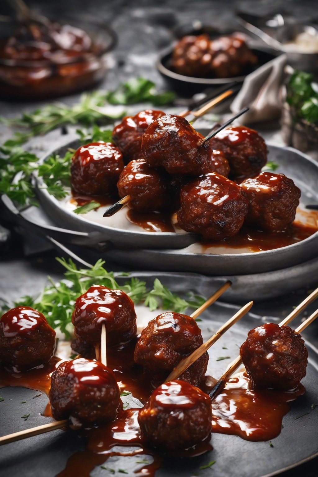 A high-resolution photo of smoky BBQ beef meatballs on skewers with charred edges, drizzled with sauce, under soft lighting.