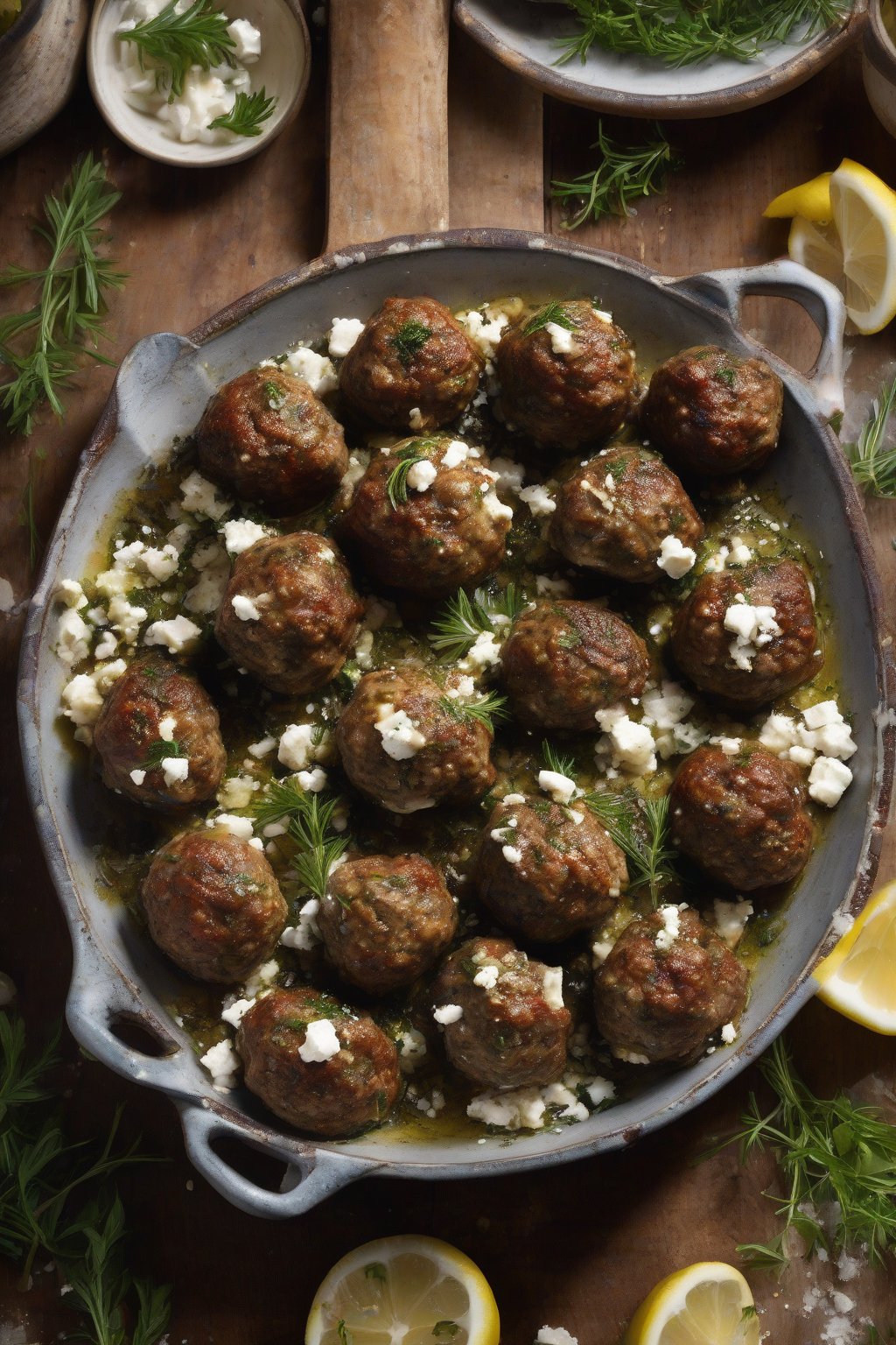 A high-resolution photo of herb-flecked Greek lamb meatballs with crumbled feta and lemon wedges, under soft lighting.