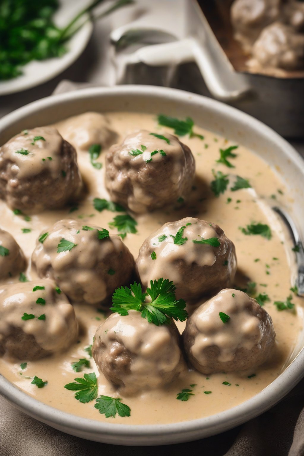 A high-resolution photo of Swedish meatballs in velvety cream sauce, sprinkled with parsley, under soft lighting.
