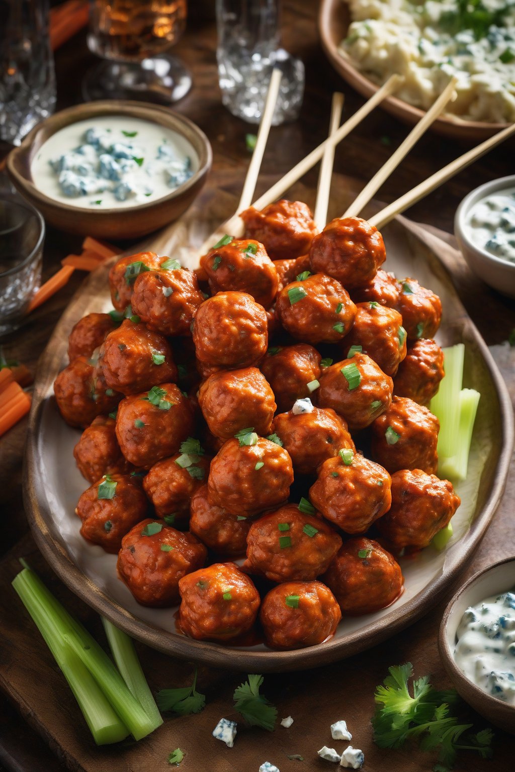 A high-resolution photo of fiery buffalo chicken meatballs with celery sticks and blue cheese dip, under soft lighting.
