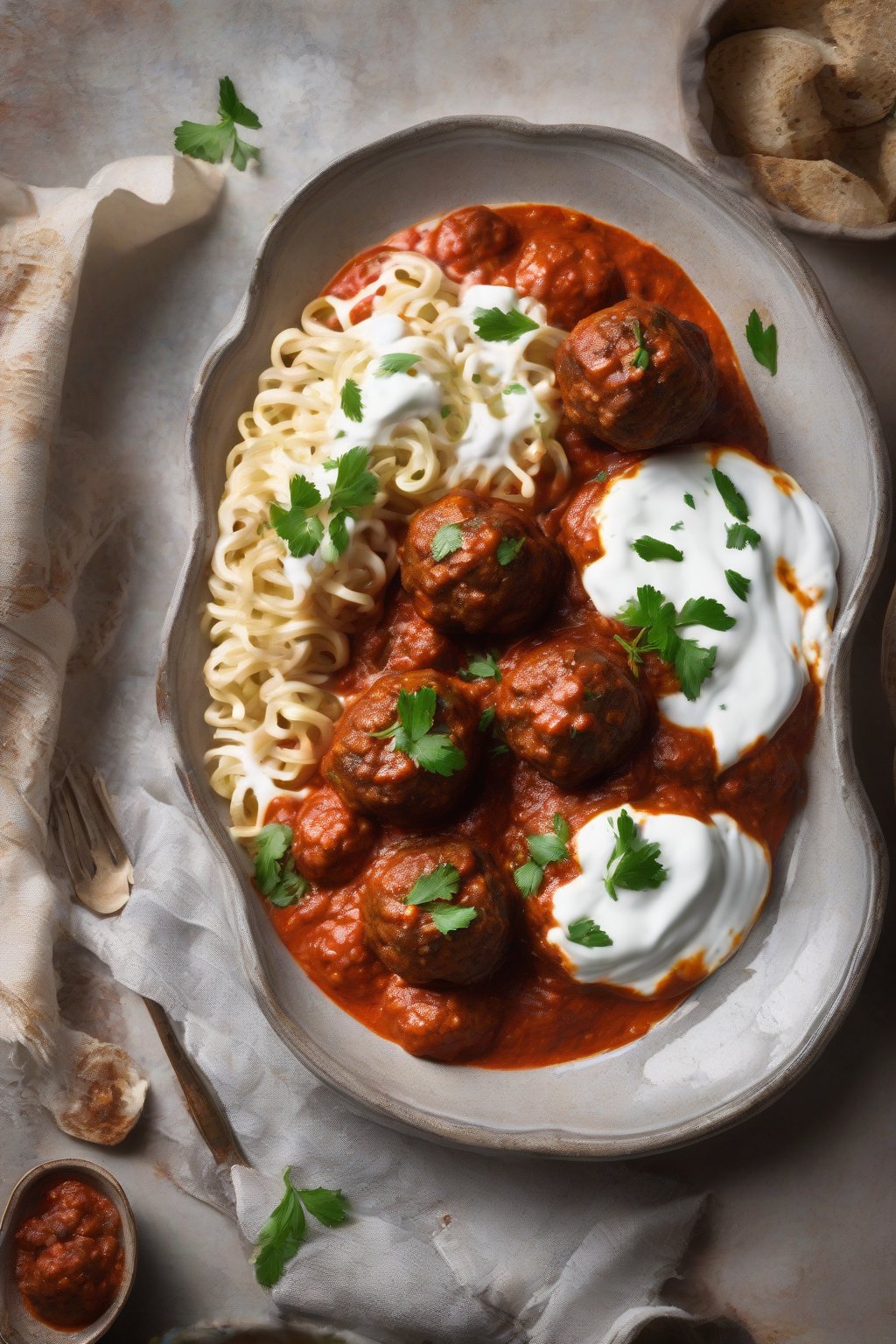 A high-resolution photo of Moroccan meatballs in vibrant spiced tomato sauce with yogurt swirl, under soft lighting.