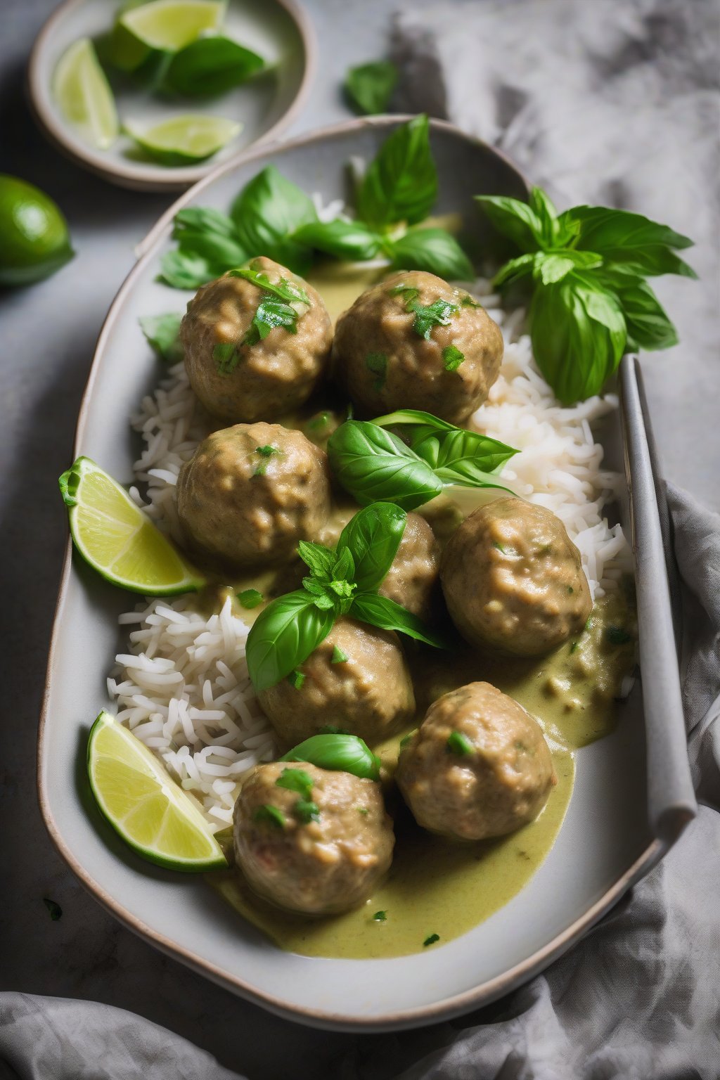 A high-resolution photo of Thai green curry meatballs with basil leaves and lime, under soft lighting.