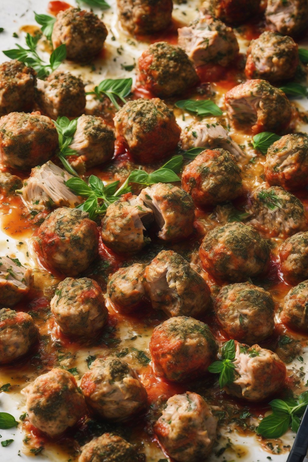 A high-resolution photo of herb-crusted turkey meatballs sliced open to show juicy interior, under soft lighting.