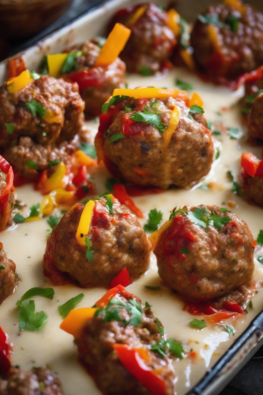 A high-resolution photo of sausage and pepper meatballs stuffed with colorful peppers, under soft lighting.