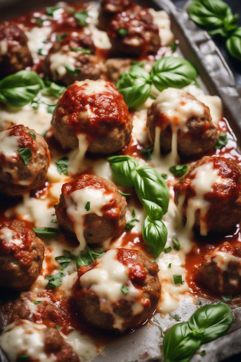 A high-resolution photo of cheesy stuffed meatballs with oozing mozzarella and basil, under soft lighting.