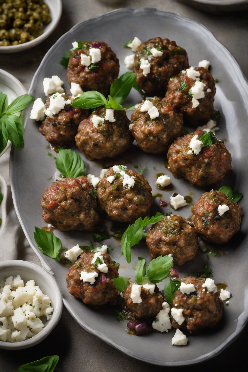 A high-resolution photo of Mediterranean turkey meatballs with olive tapenade and feta crumbles, under soft lighting.