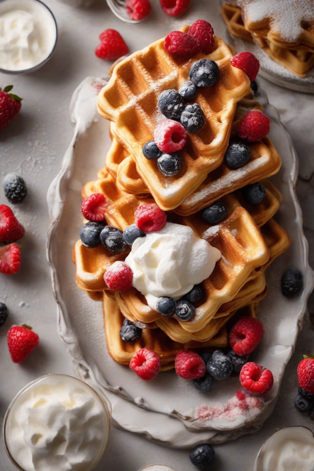 A high-resolution photo of golden buttermilk waffles stacked high with fresh berries and powdered sugar under soft lighting.
