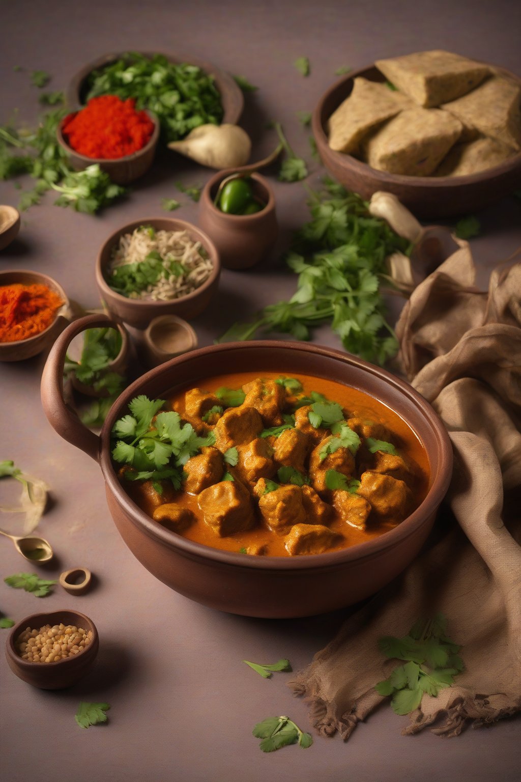 A high-resolution photo of steaming soya chunks masala curry in a clay bowl, garnished with cilantro, under soft lighting.