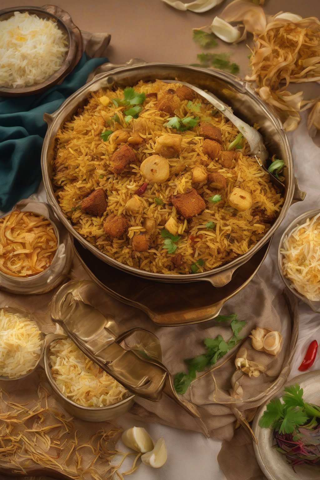 A high-resolution photo of fluffy soya chunks biryani piled high in a serving dish, with golden fried onions on top, under soft lighting.