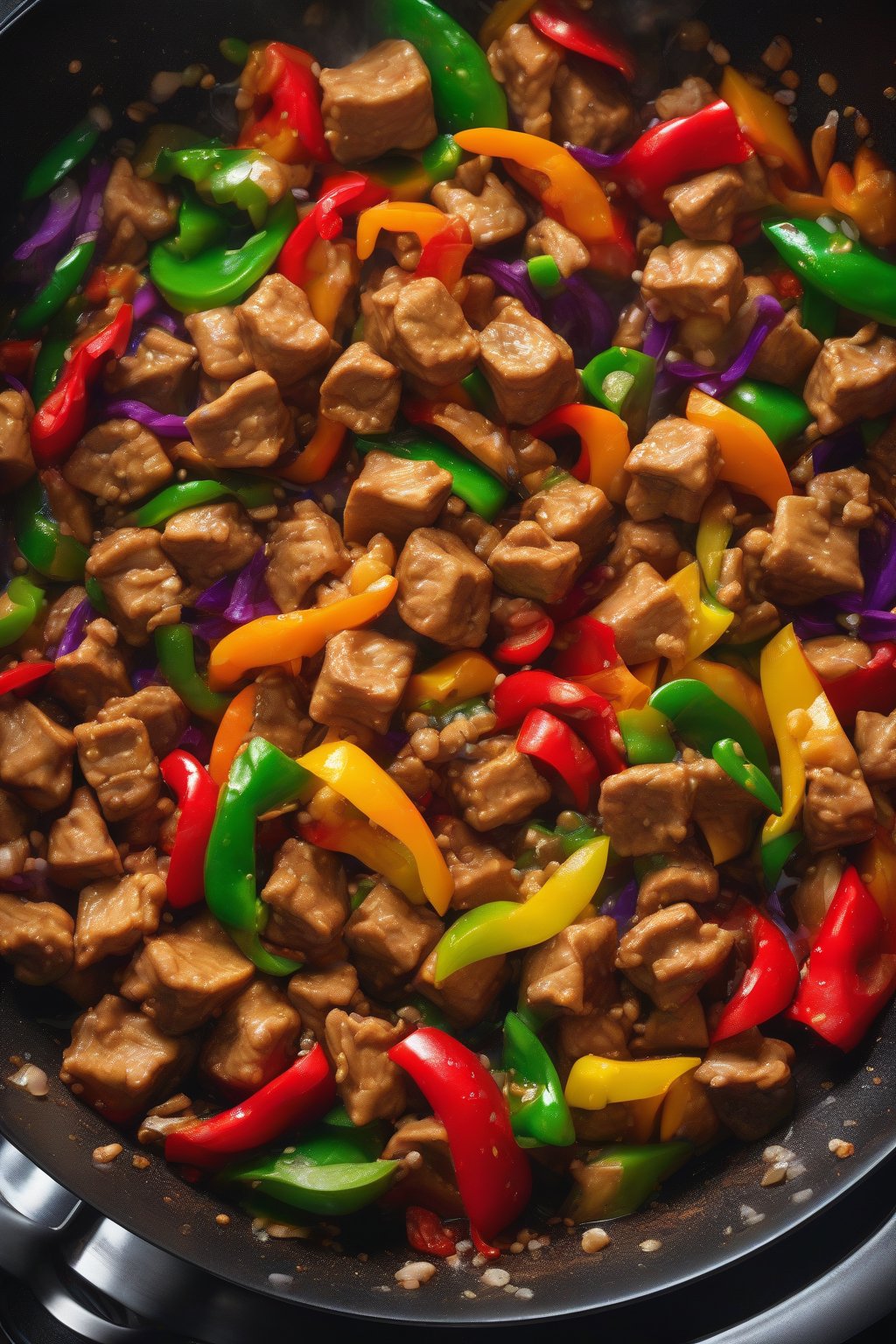 A high-resolution photo of vibrant soya chunks stir-fry with colorful bell peppers in a wok, steam rising, under soft lighting.