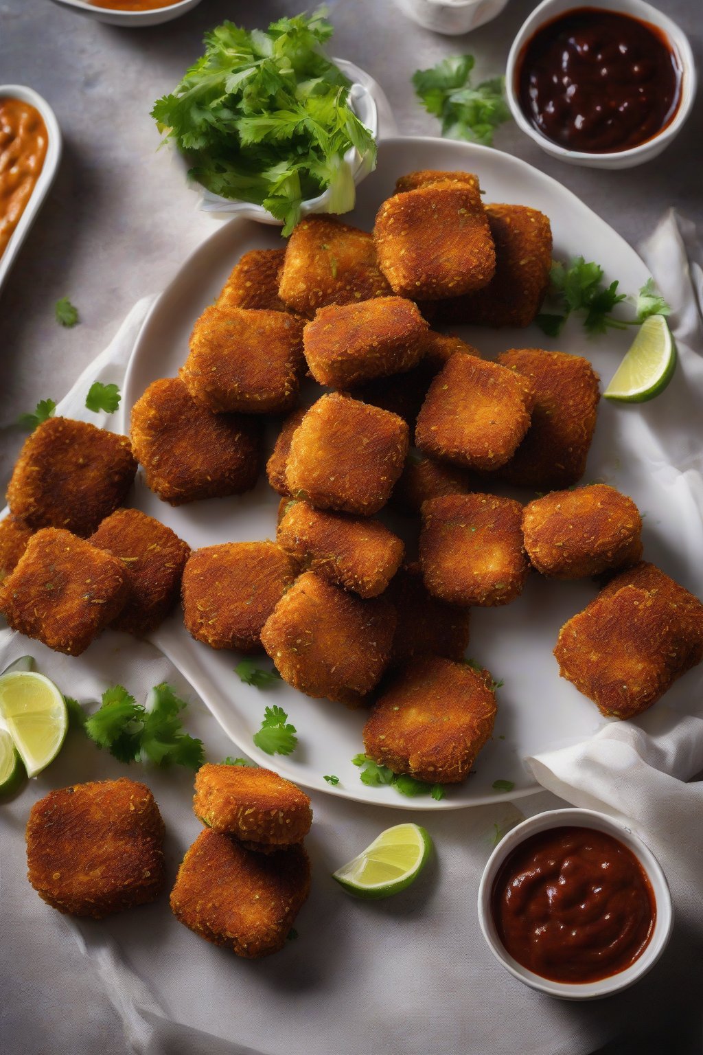 A high-resolution photo of stacked crispy soya chunks cutlets on a plate with chutney dip, under soft lighting.
