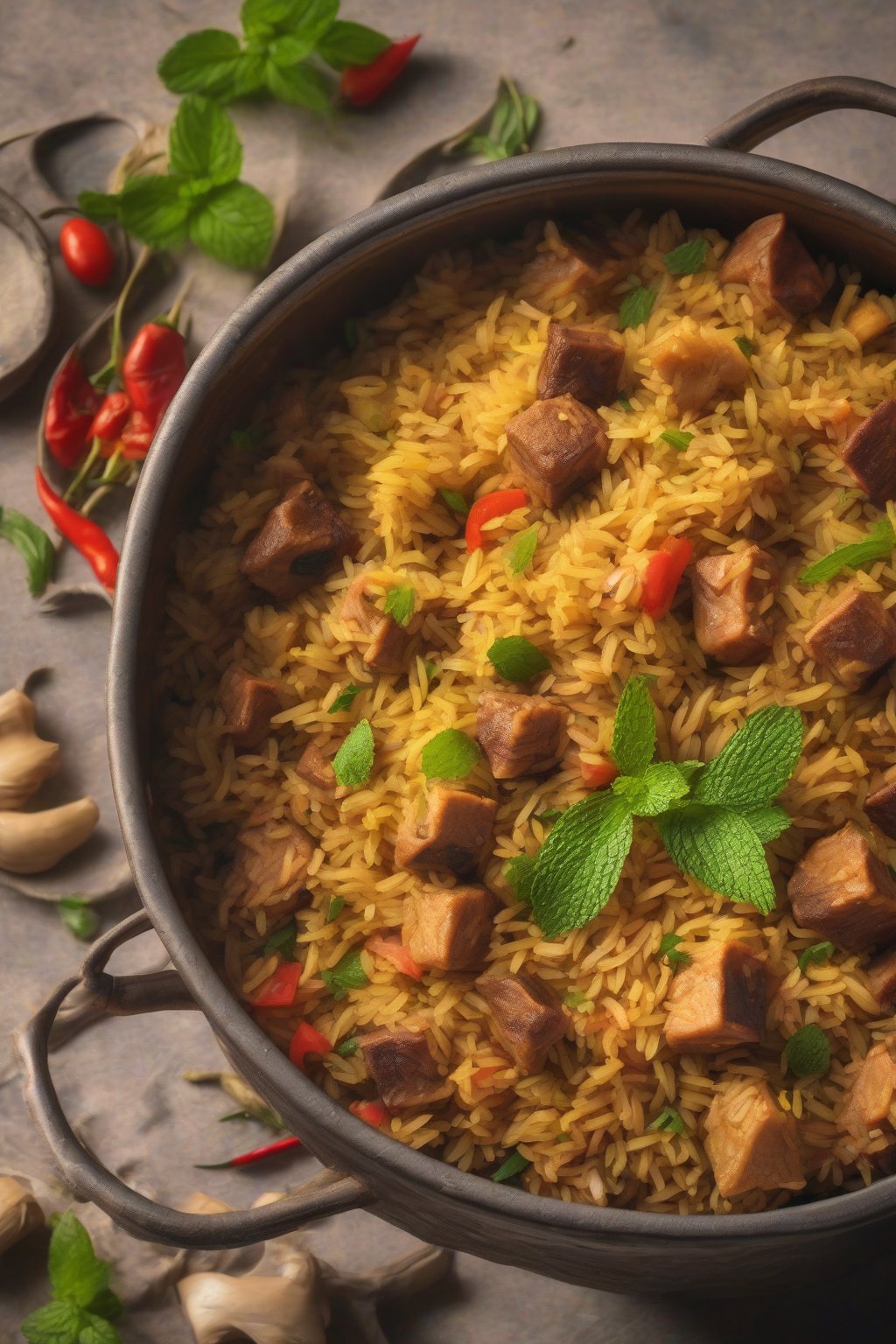 A high-resolution photo of colorful soya chunks pulao in a handi pot, garnished with mint, under soft lighting.