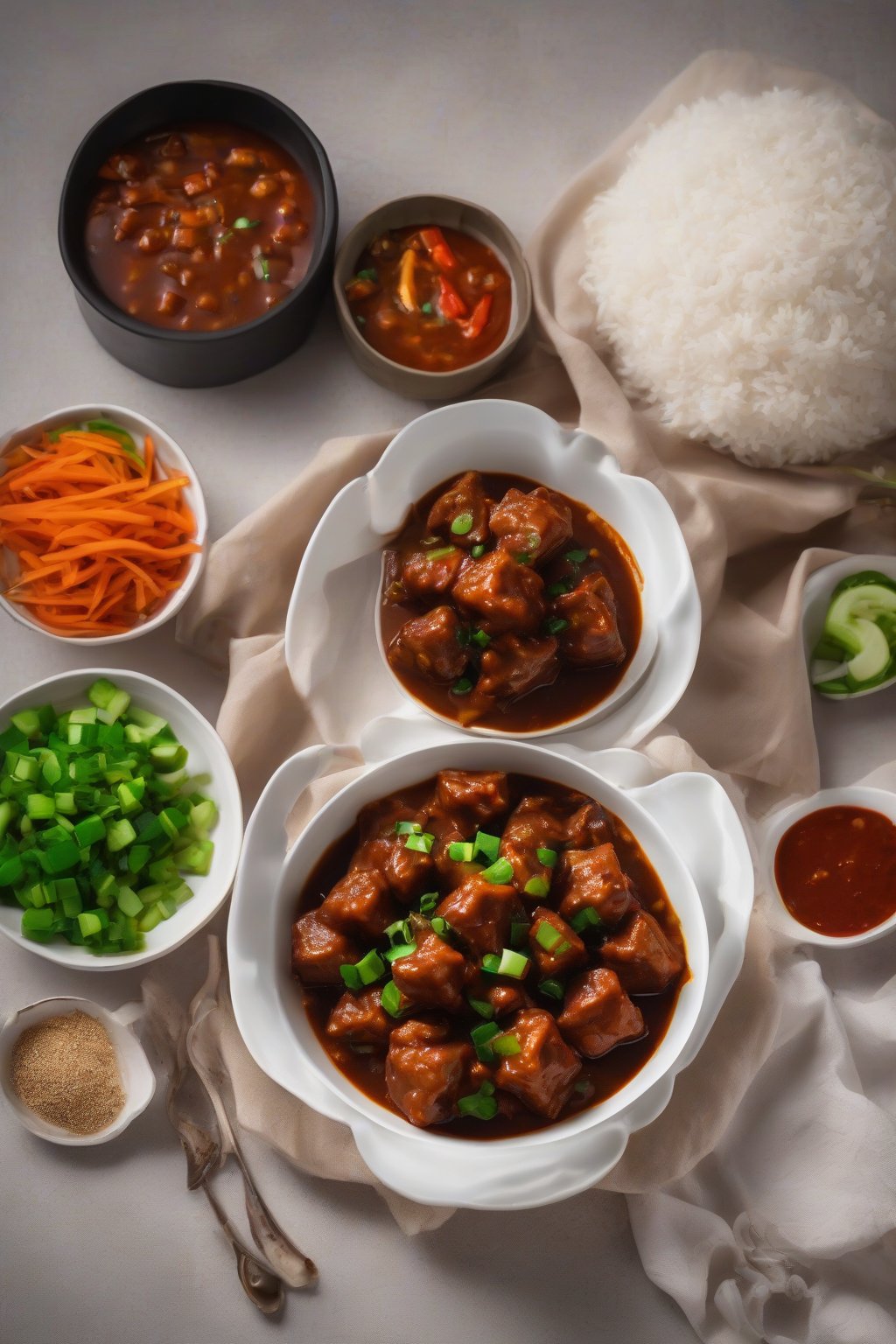 A high-resolution photo of glossy soya chunks manchurian gravy with veggies, in a white bowl, under soft lighting.