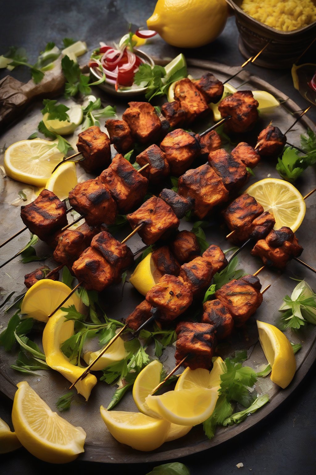 A high-resolution photo of skewered tandoori soya chunks kebabs with charred edges and lemon wedges, under soft lighting.