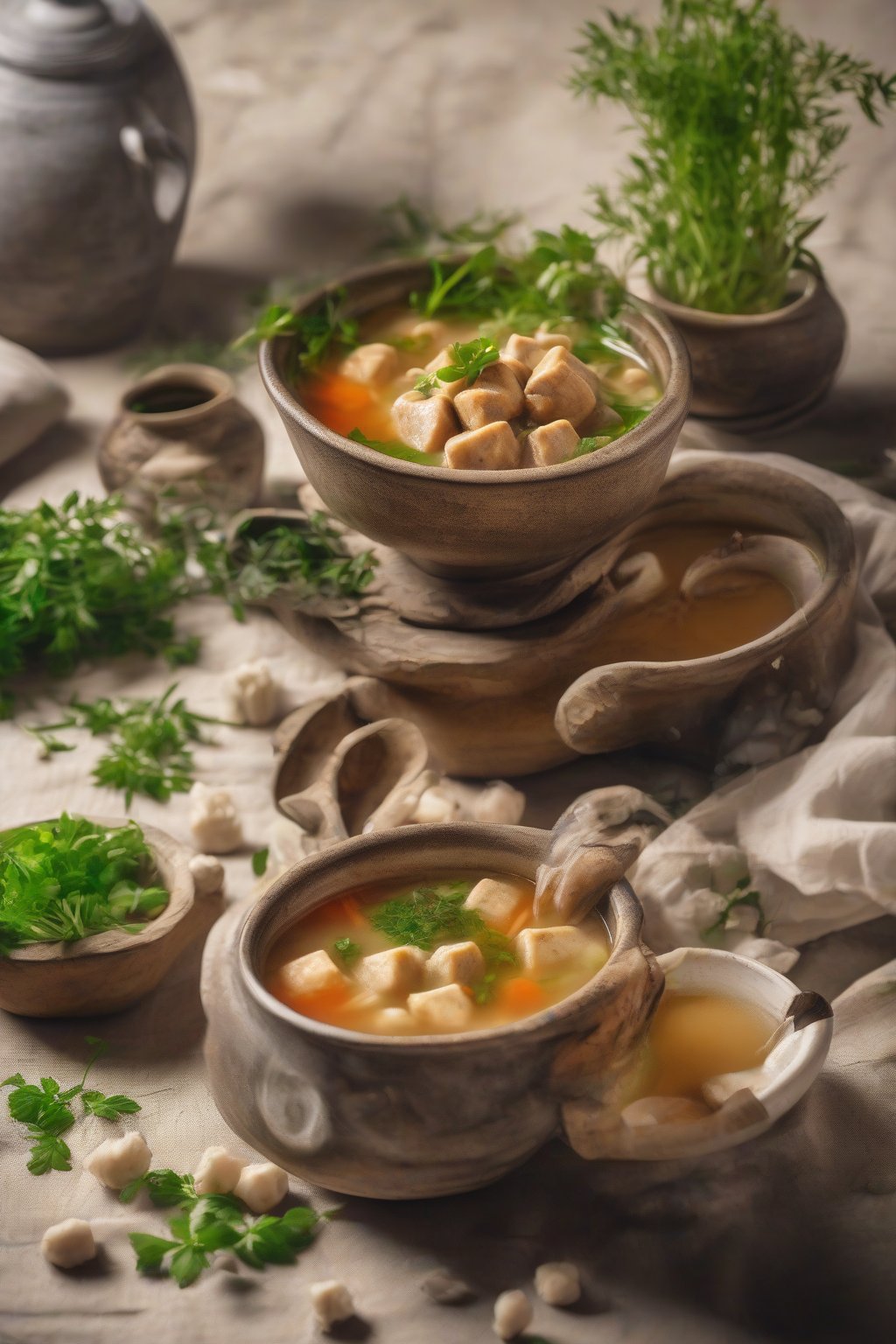 A high-resolution photo of steaming soya chunks soup in a rustic bowl with herbs, under soft lighting.