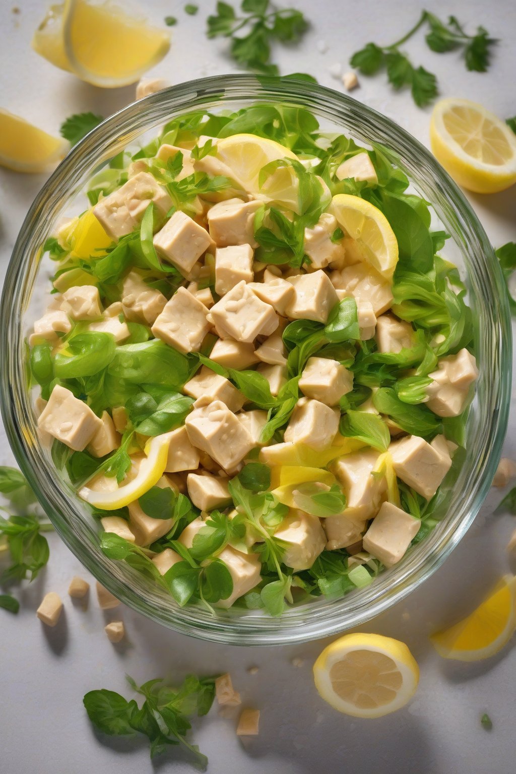 A high-resolution photo of vibrant soya chunks salad with lemon slices, in a glass bowl, under soft lighting.