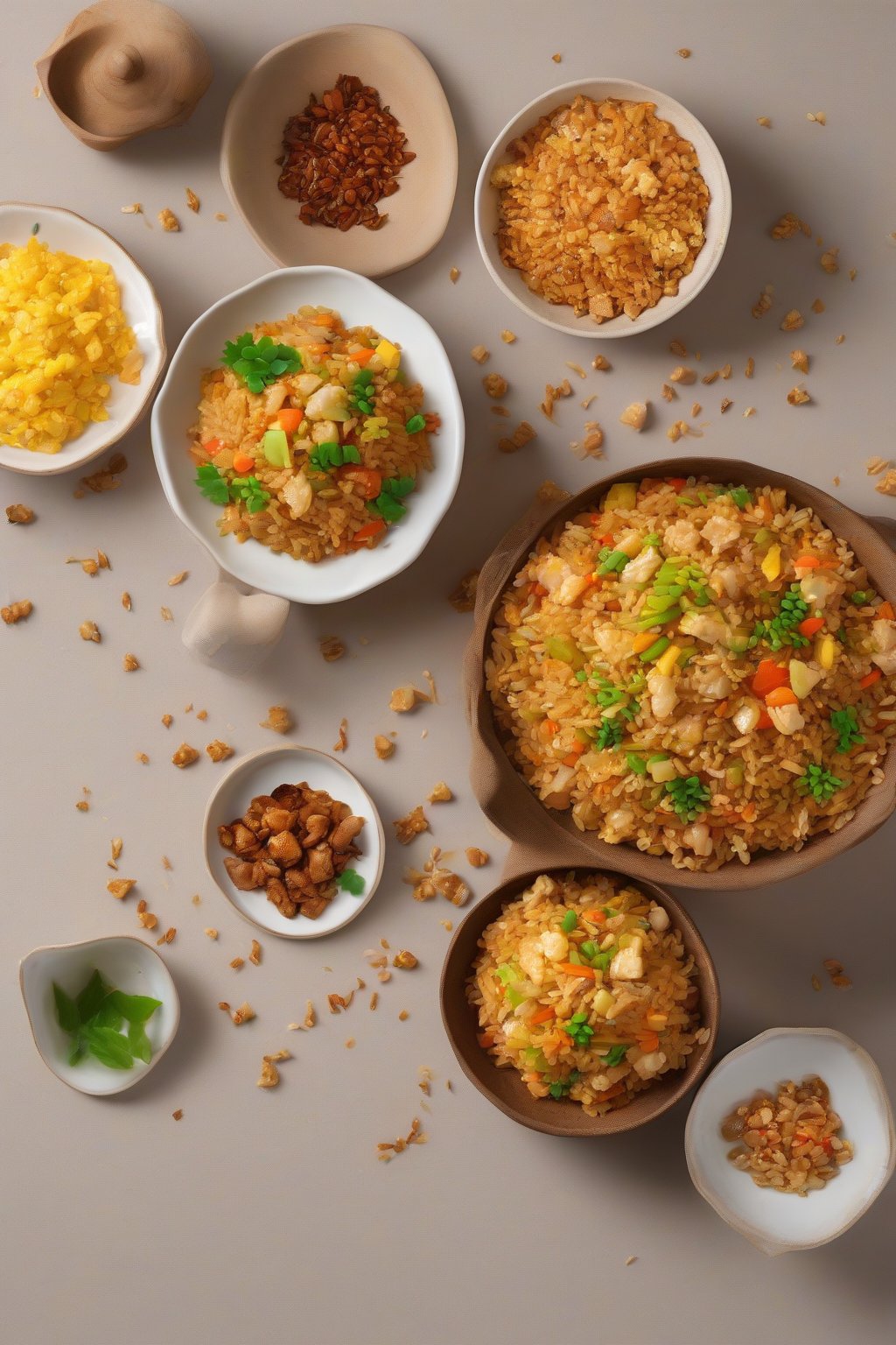 A high-resolution photo of golden soya chunks fried rice with scrambled bits, under soft lighting.