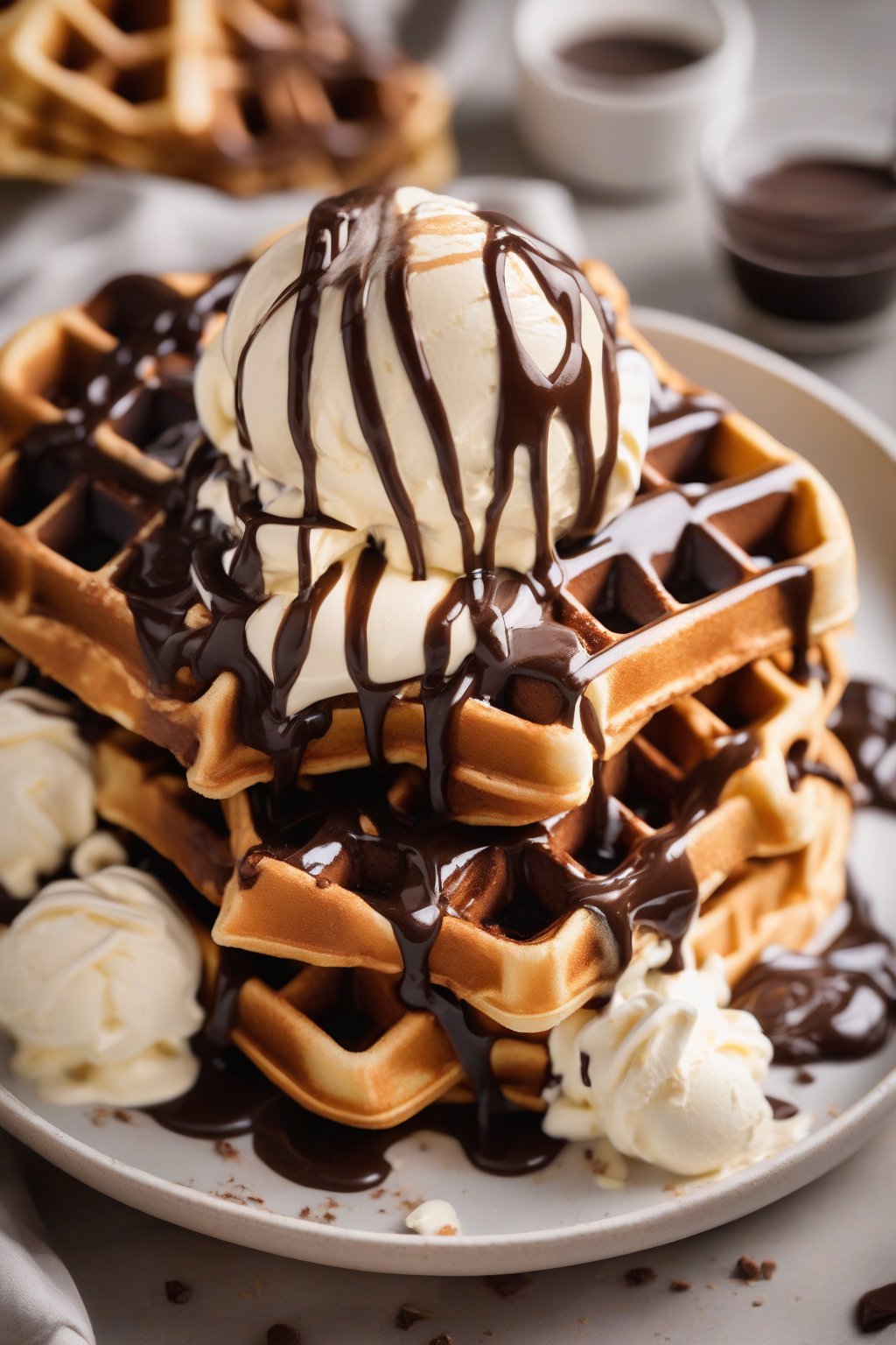 A high-resolution photo of golden chocolate chip waffles oozing melted chocolate with vanilla ice cream on top under soft lighting.