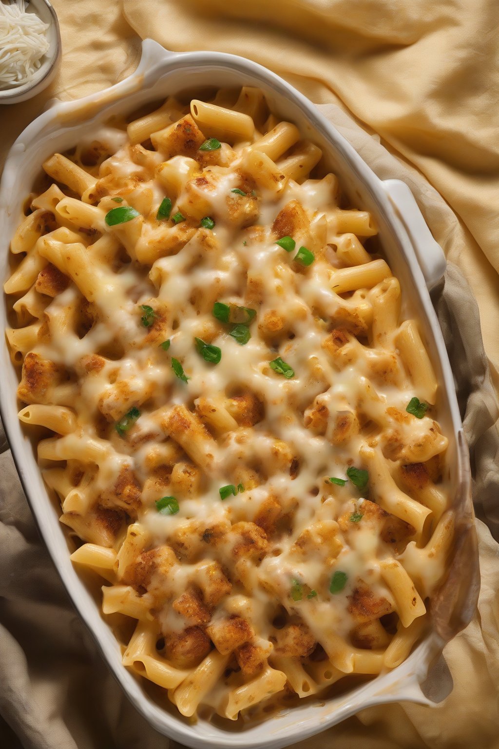 A high-resolution photo of baked cheesy soya chunks pasta bubbling in a dish, under soft lighting.