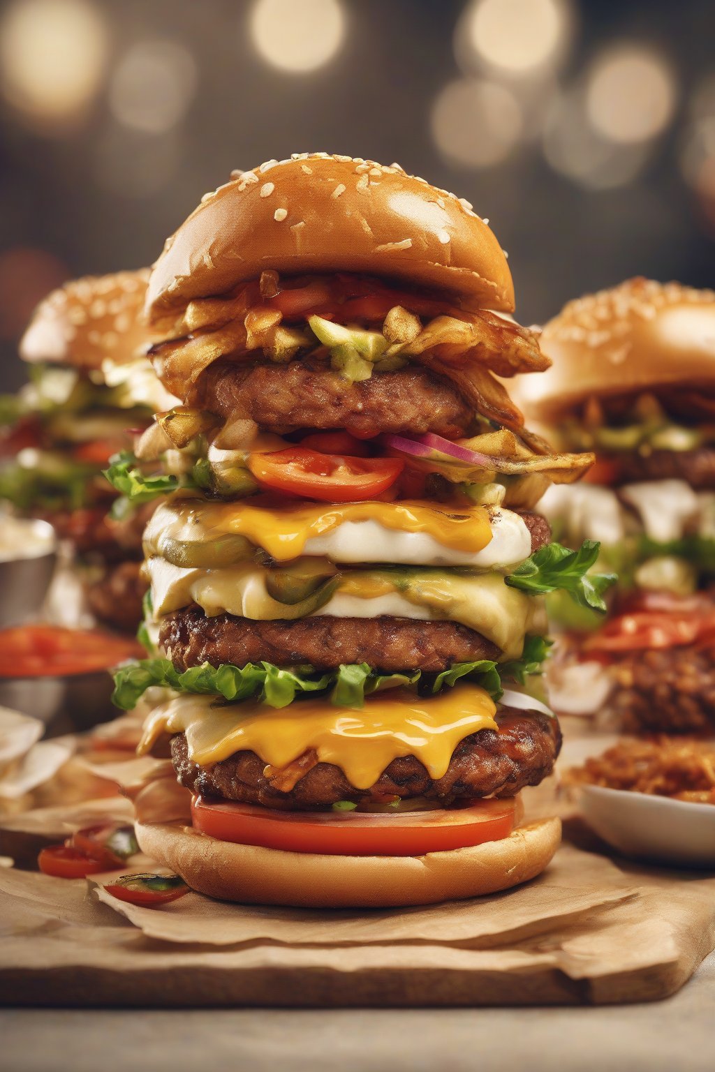 A high-resolution photo of stacked soya chunks burger with fresh toppings, under soft lighting.
