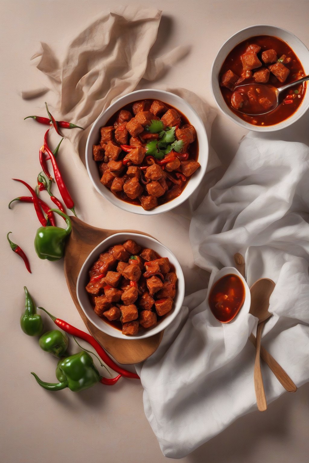A high-resolution photo of spicy soya chunks chili in a bowl with spoon, under soft lighting.
