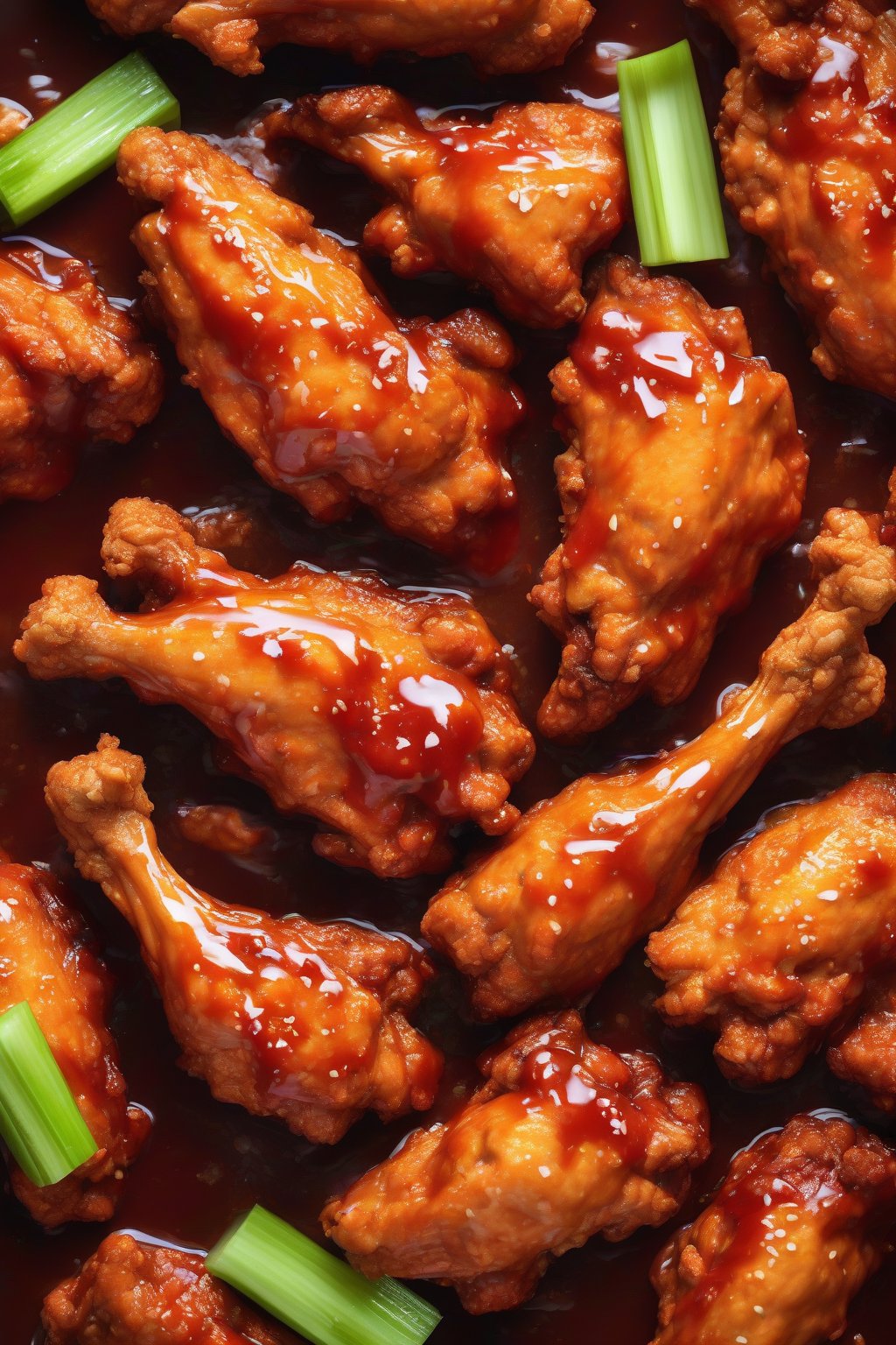 A high-resolution photo of golden crispy buffalo chicken wings coated in glossy red sauce, garnished with celery, under soft lighting.